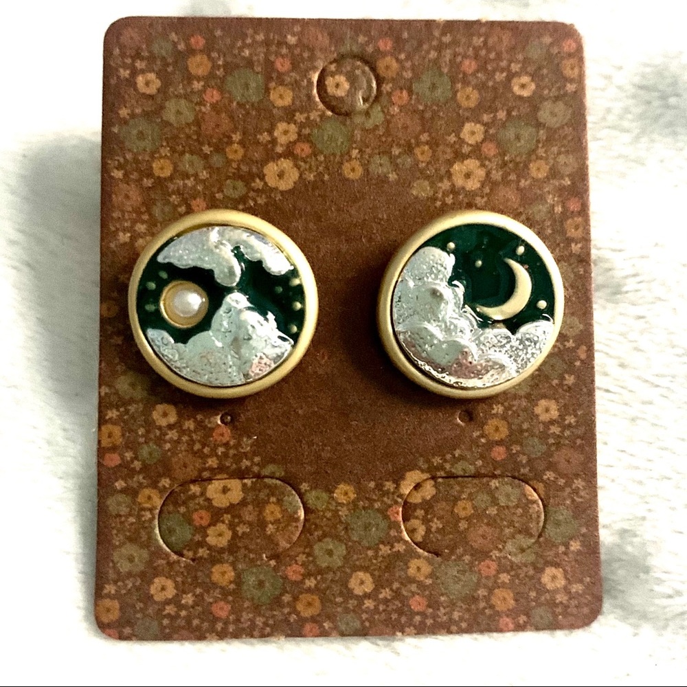 Asymmetric Moon Sun Pearl Cloud Stud Earrings NWT